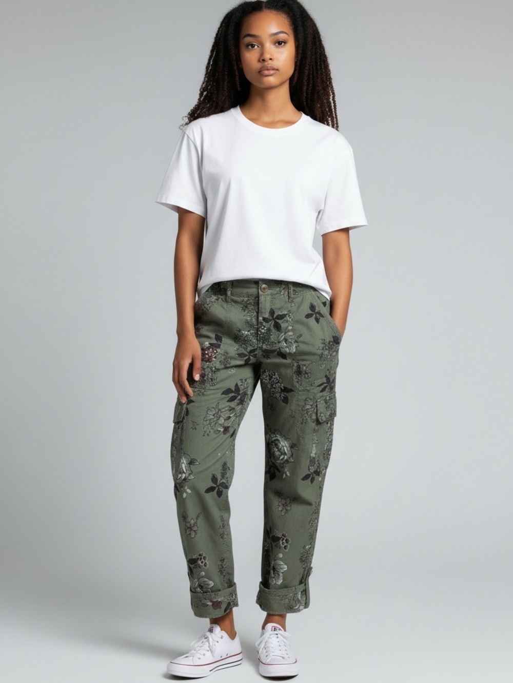 DEMOCRACY Flex-ellent Floral Cargo Pants 6 Olive Green Multi EUC